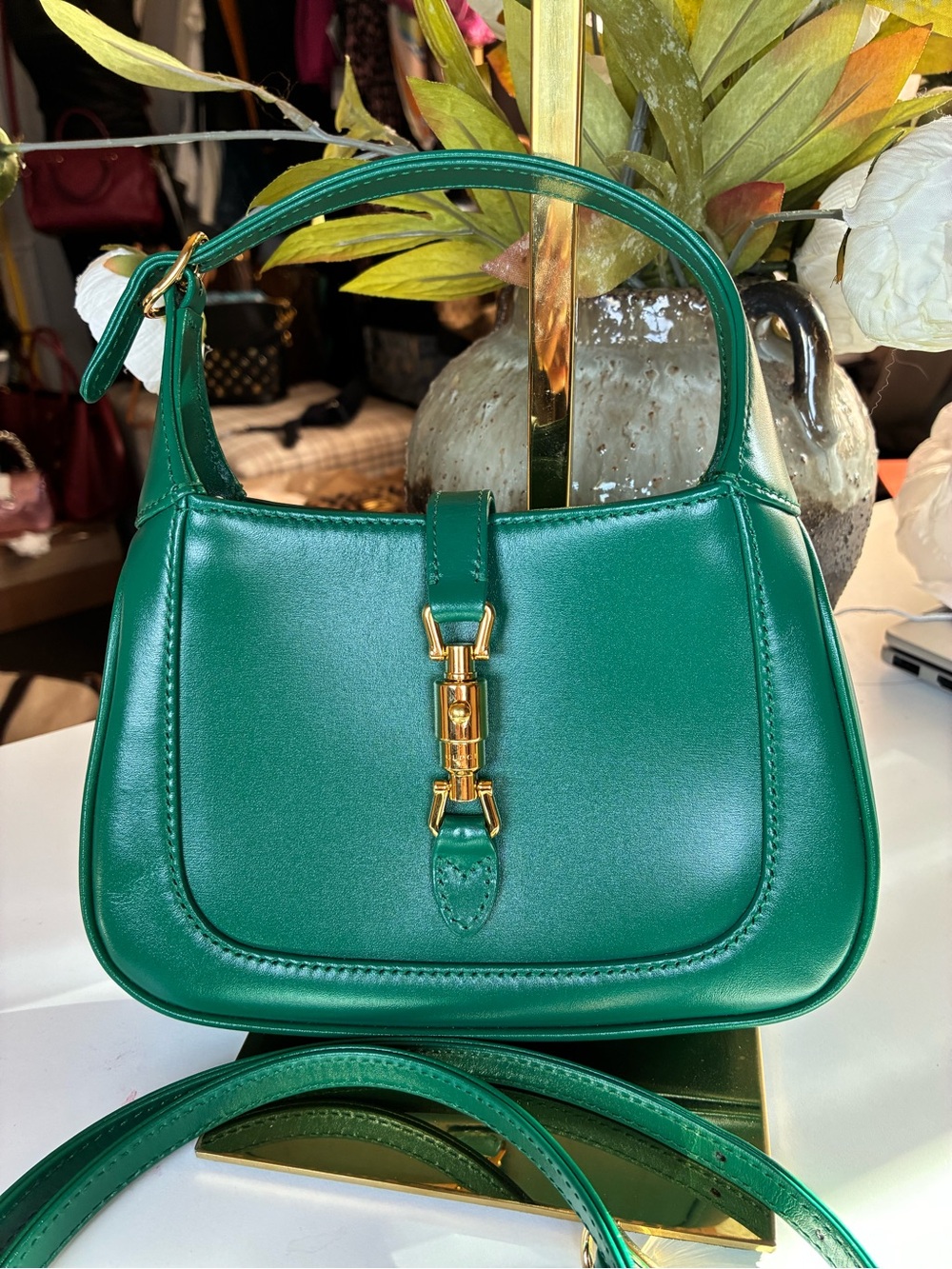 Gucci Green Leather Shoulder Bag with Gold Hardware Jackie Mini
